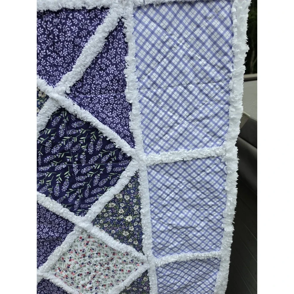 Handmade Lavender Dream Rag Quilt Throw-Floral design and Purple Gingham-- NEW